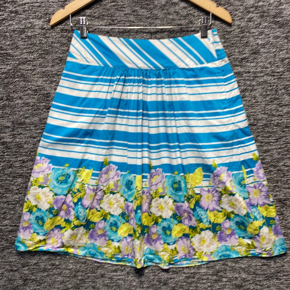 Talbots Border Print Floral Skirt Womens 4 Blue Cotton Knee Length Summer A Line